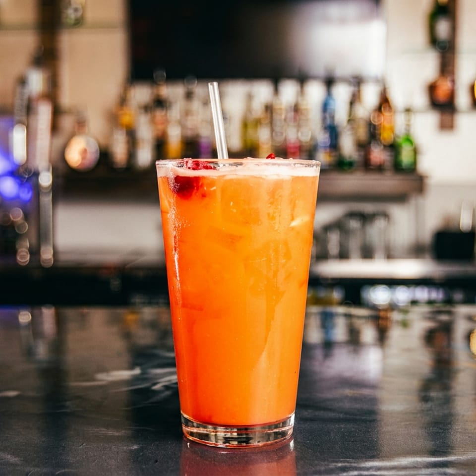 A vibrant orange cocktail with a straw and berries sits on a dark bar counter.