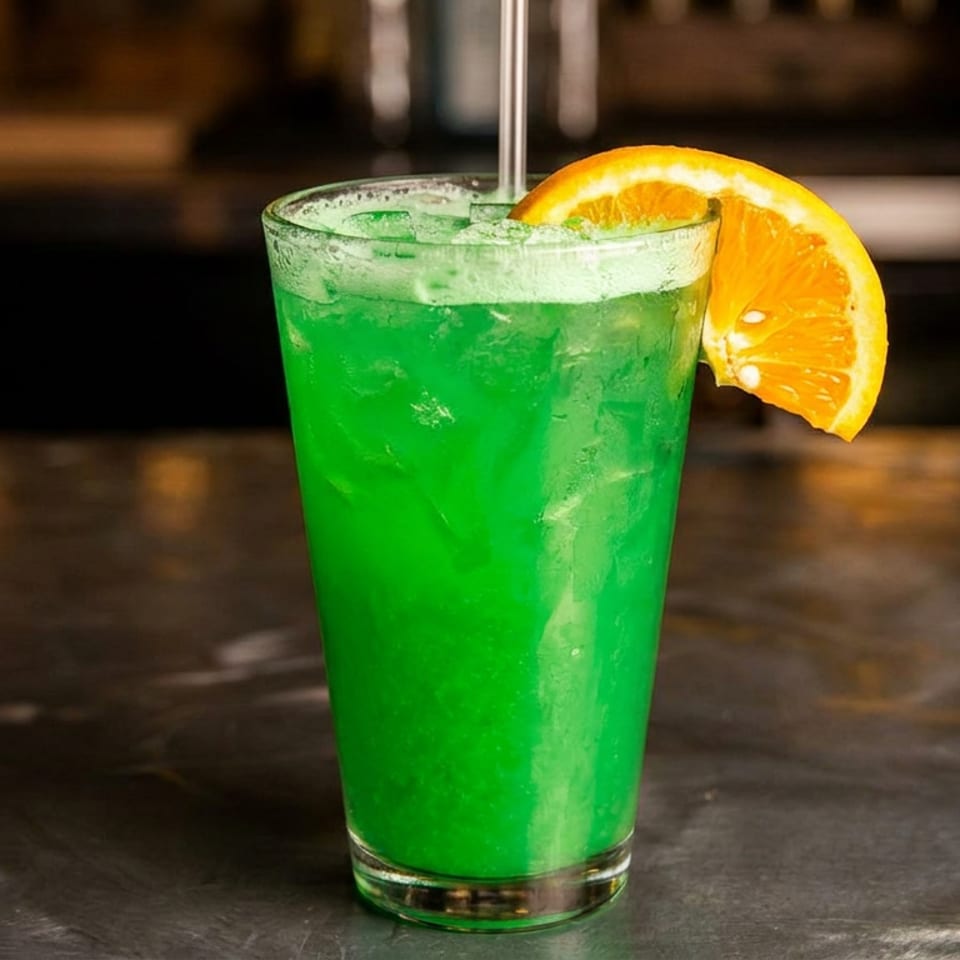 Vibrant green cocktail with ice and an orange slice garnish, on a dark bar top.