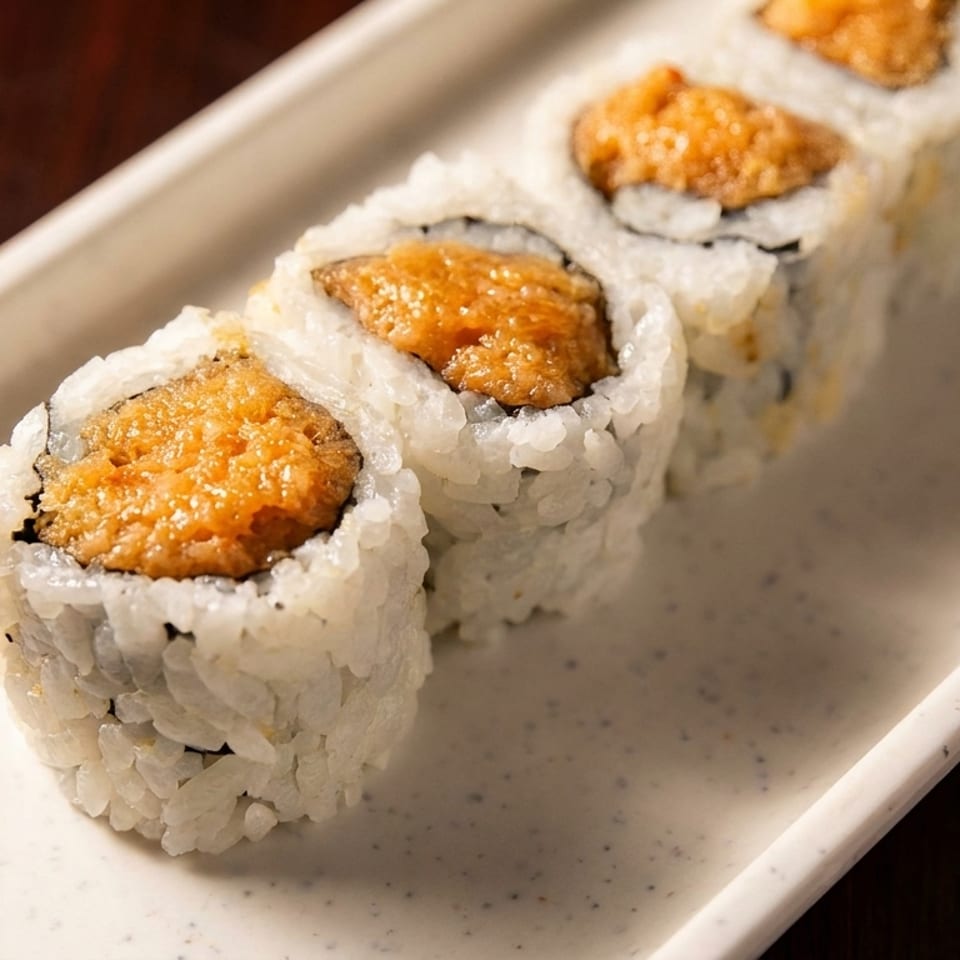 A row of sushi rolls with orange filling on a white rectangular plate.