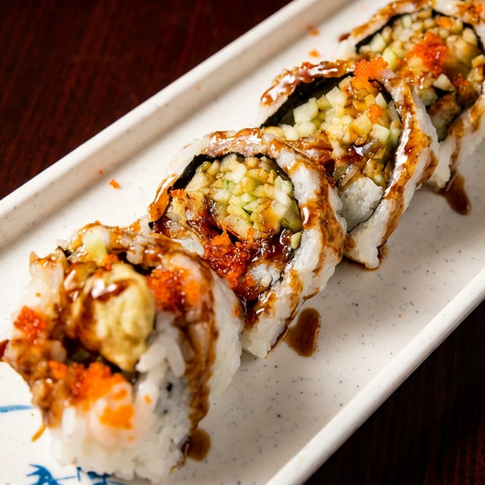 Sushi rolls with orange roe and dark sauce on a white rectangular plate with pickled ginger.