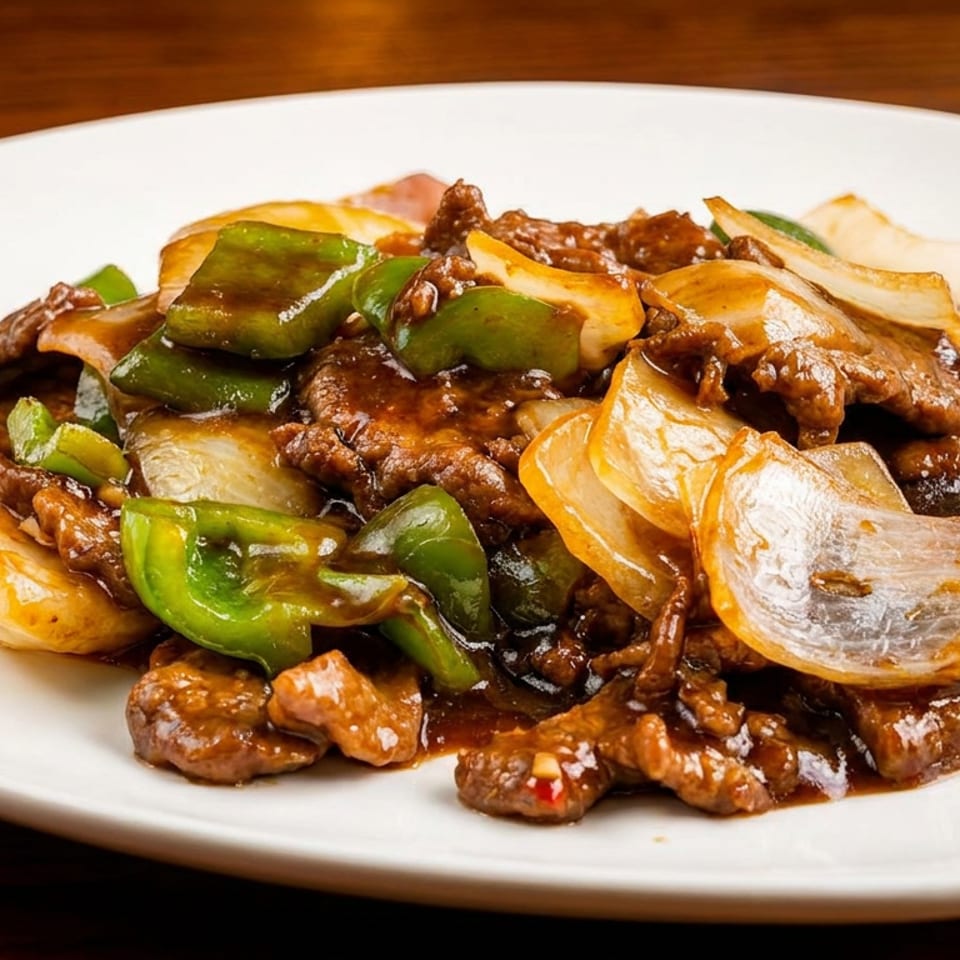 Stir-fried beef with green bell peppers and onions in a savory brown sauce on a white plate.