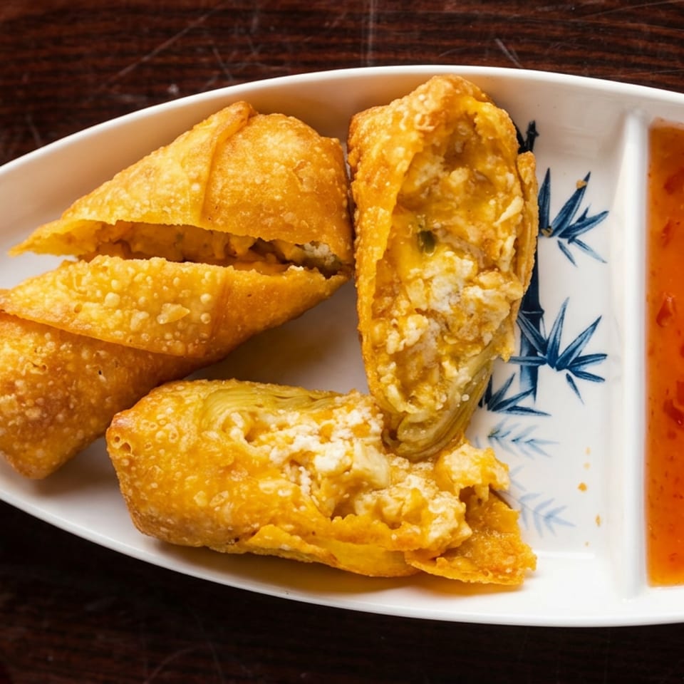 Golden-fried crab rangoon appetizers, some split open, served with sweet chili dipping sauce on a white plate.