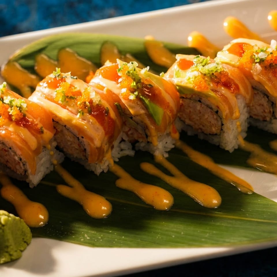 Sushi rolls with salmon, avocado, and roe, drizzled with sauce on a banana leaf.