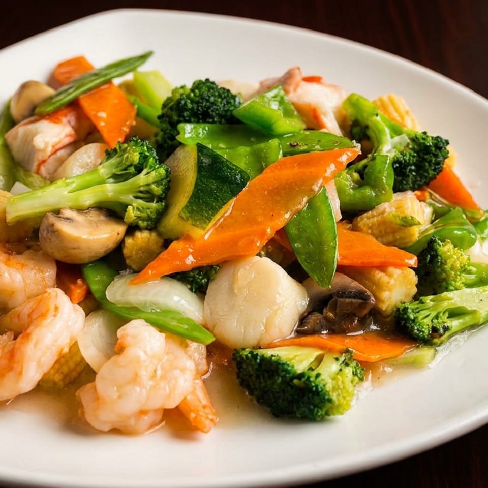 A vibrant stir-fry with shrimp, scallops, chicken, and colorful vegetables on a white plate.