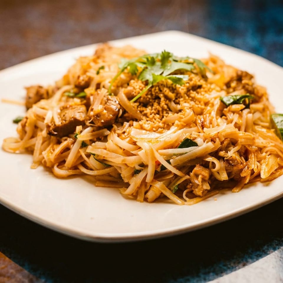 A plate of Pad Thai noodles with chicken, peanuts, cilantro, and a lime wedge.