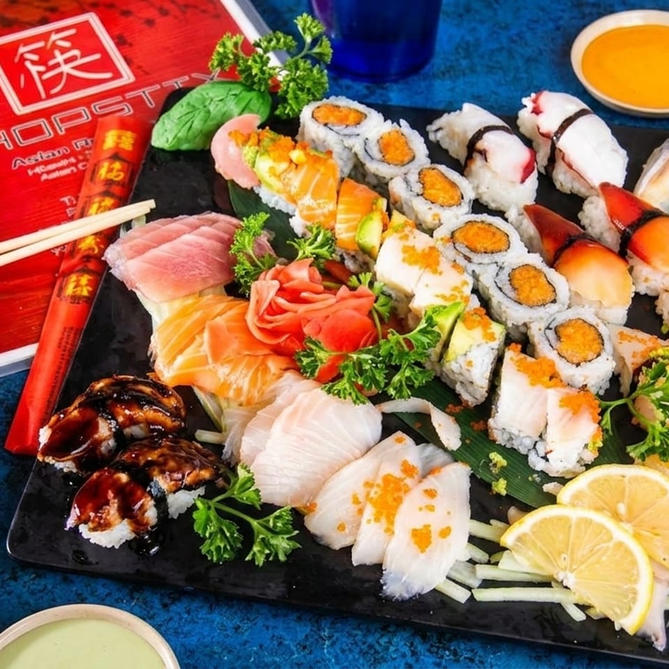 A large platter of sushi, sashimi, and rolls with a Chopstix menu and various sauces.